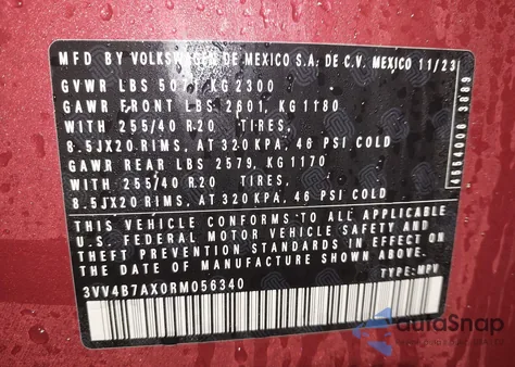 2024 Volkswagen Tiguan 2.0T Sel R-Line z USA, uszkodzony, nr VIN 3VV4B7AX0RM056340